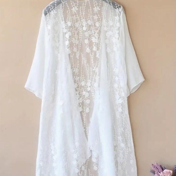 EMBROIDERED Lace White Boho Kimono Coverup OX/12 NEW - Picture 2 of 3